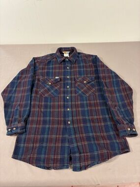 Carhartt Plaid Button Up Flannel Work Shirt
Men’s Large Tall Blue and Maroon